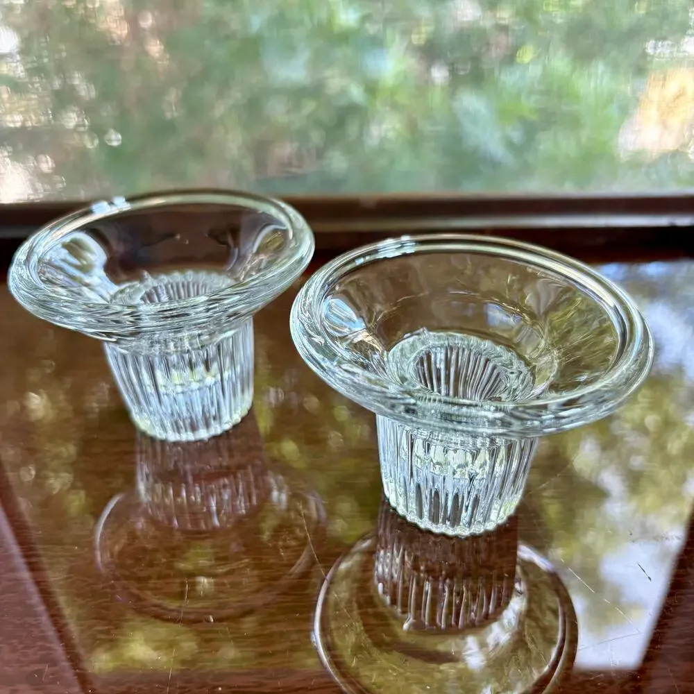 Pair Vintage Clear Glass Candlestick Holders Ribbed Base Mid Century Style